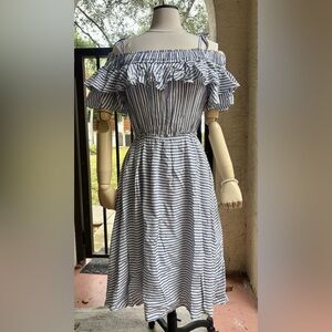 Loft Striped Off Shoulder Midi Dress Women’s Small Ruffle Sundress Stretch Waist